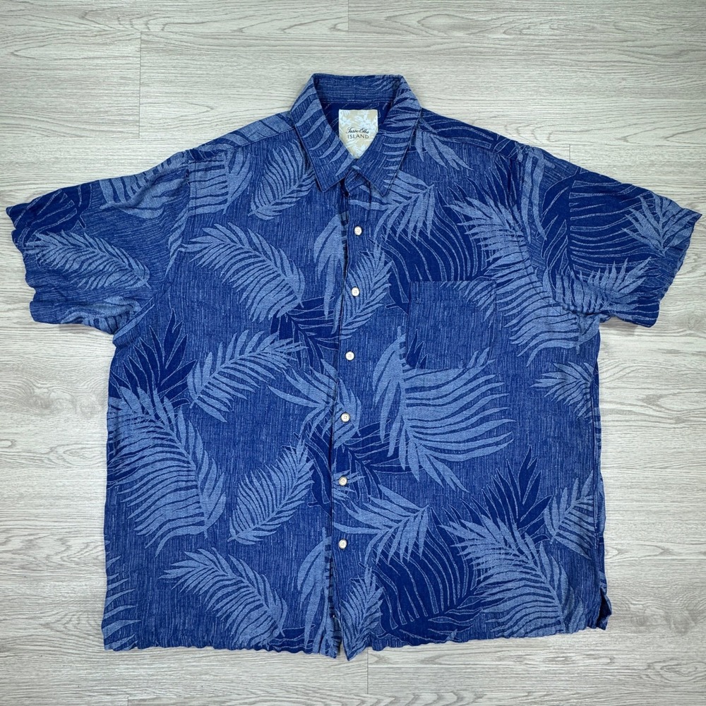 Tasso Elba Mens Button Up Shirt Island Palm Print Blue XXL Silk Linen Resortwear